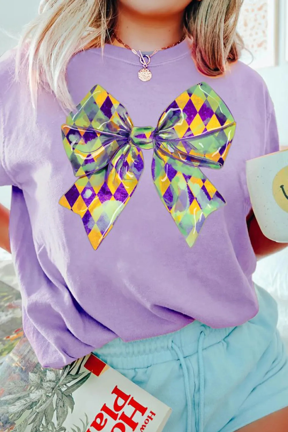 Discount Dear-Lover Mardi Gras Bowknot Pattern Crew Neck T Shirt Wisteria