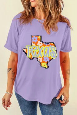 Discount Dear-Lover TEXAS Flower Print Crew Neck T Shirt Wisteria