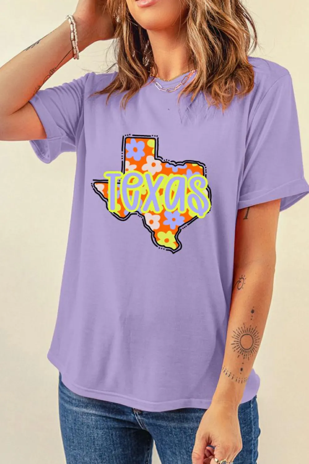 Discount Dear-Lover TEXAS Flower Print Crew Neck T Shirt Wisteria