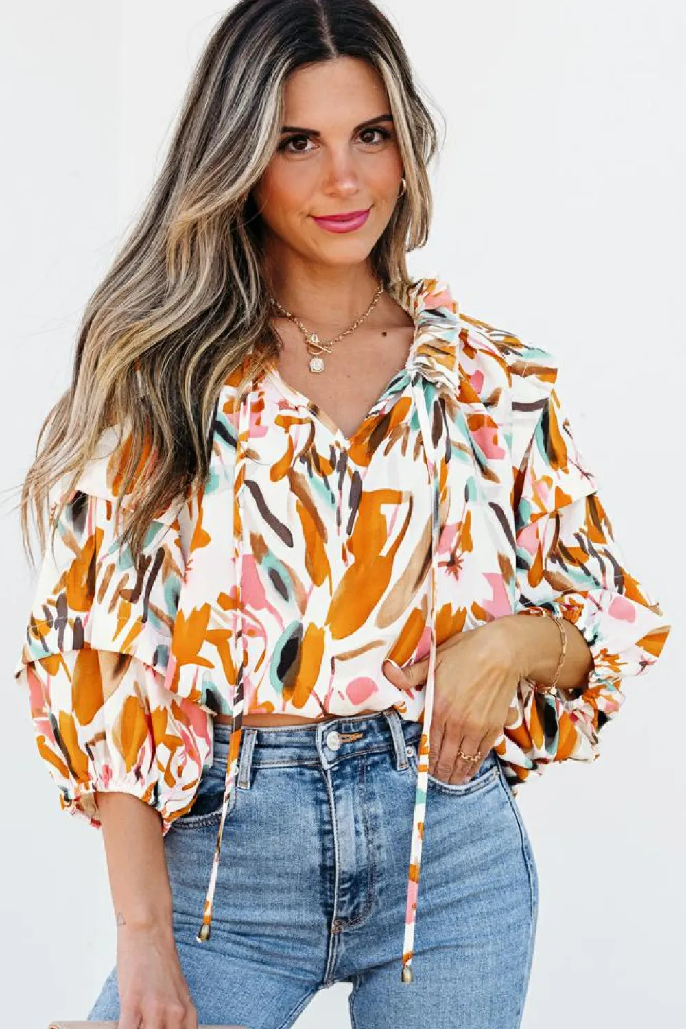 Best Dear-Lover Abstract Print Drawstring Frilled V Neck 3/4 Sleeve Blouse Yellow
