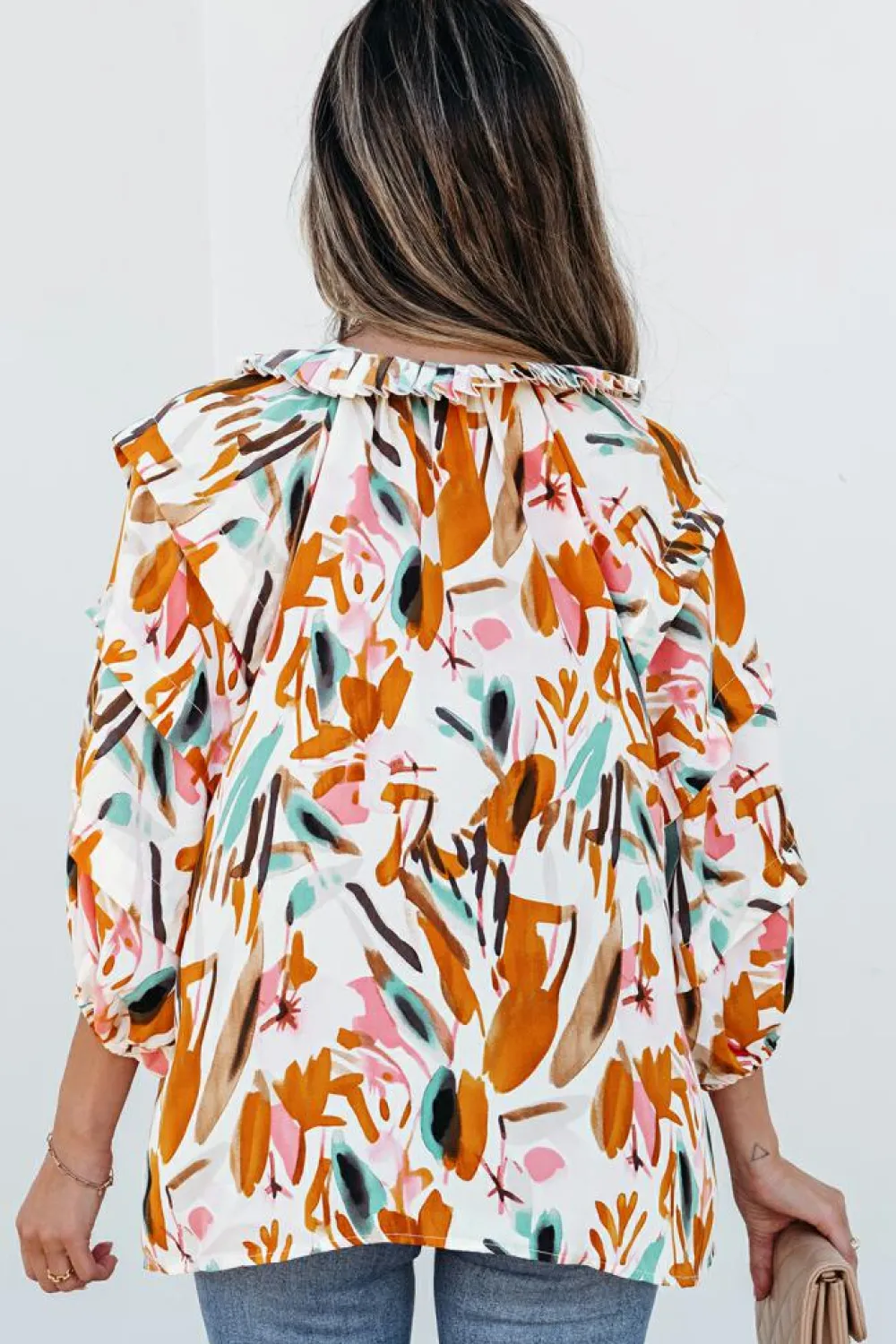 Best Dear-Lover Abstract Print Drawstring Frilled V Neck 3/4 Sleeve Blouse Yellow