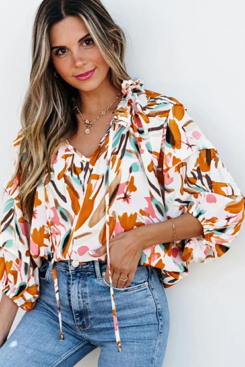 Best Dear-Lover Abstract Print Drawstring Frilled V Neck 3/4 Sleeve Blouse Yellow