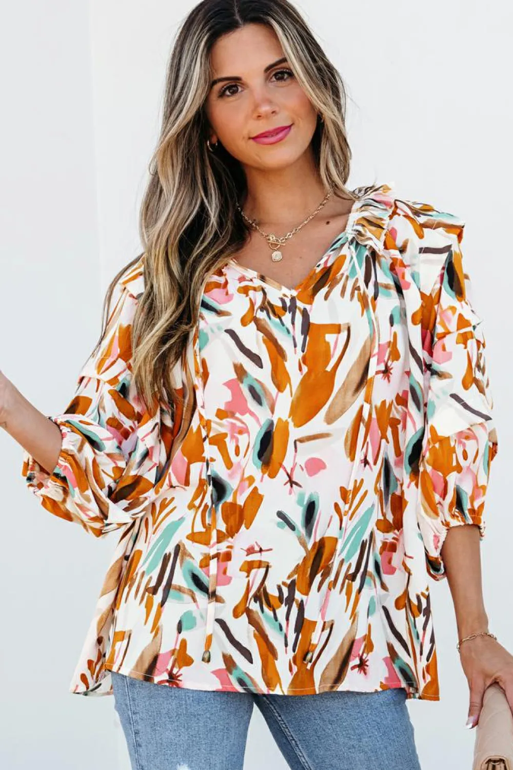Best Dear-Lover Abstract Print Drawstring Frilled V Neck 3/4 Sleeve Blouse Yellow