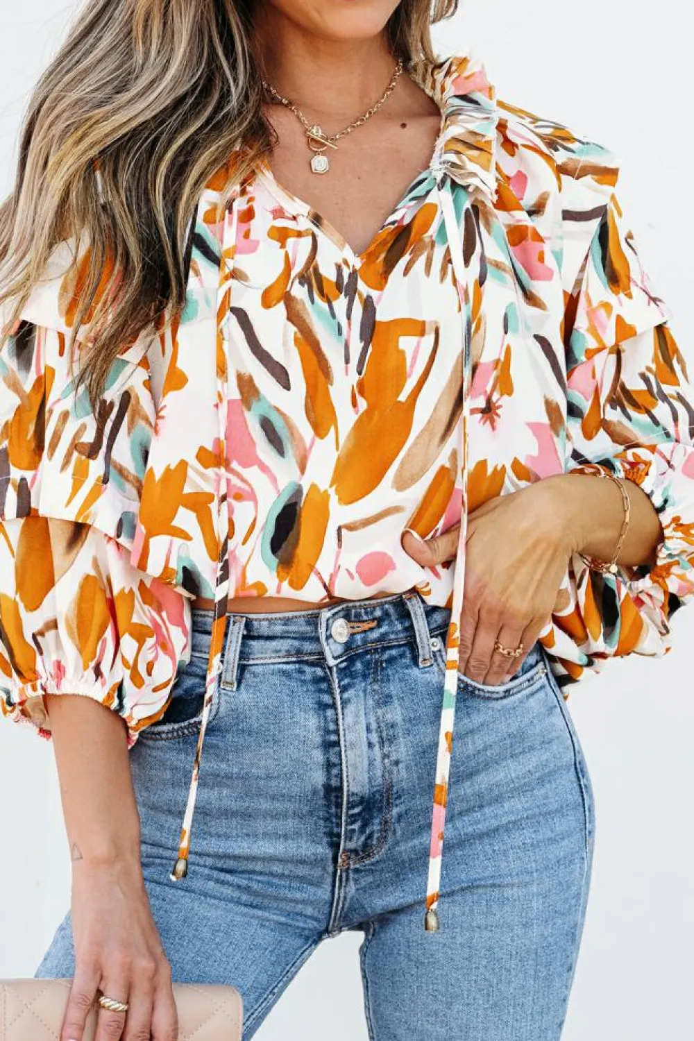 Best Dear-Lover Abstract Print Drawstring Frilled V Neck 3/4 Sleeve Blouse Yellow
