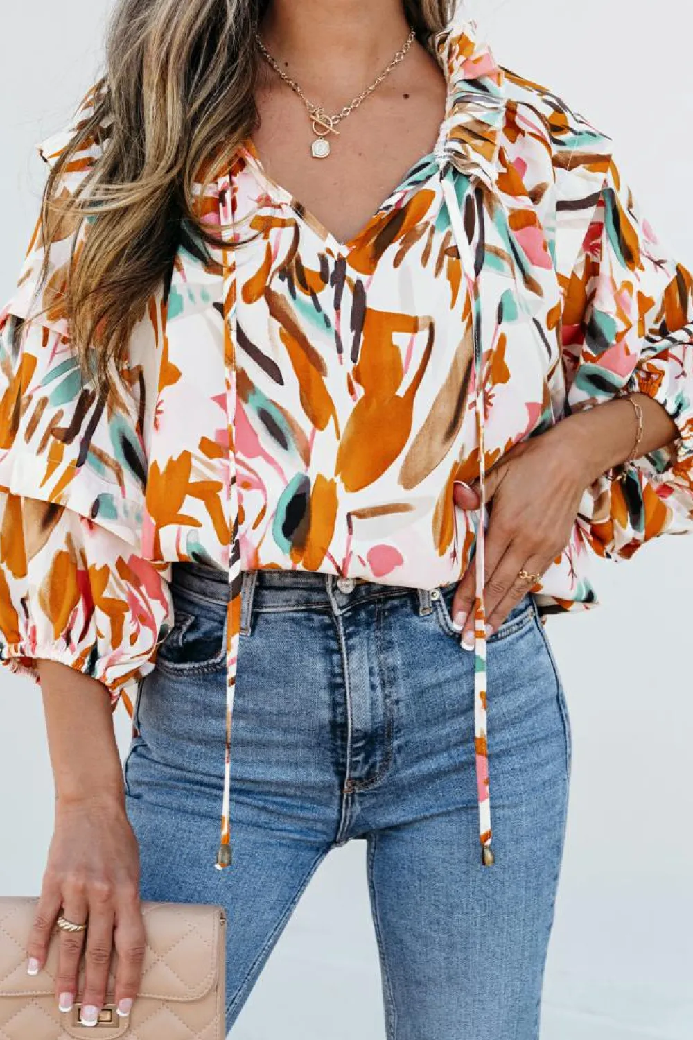 Best Dear-Lover Abstract Print Drawstring Frilled V Neck 3/4 Sleeve Blouse Yellow