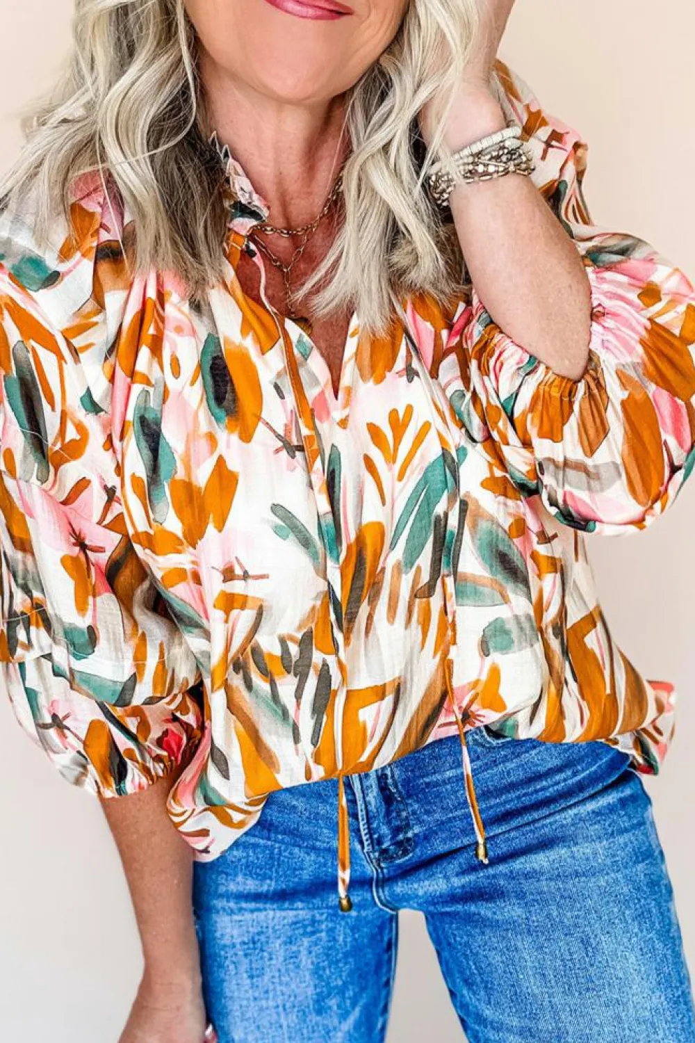 Best Dear-Lover Abstract Print Drawstring Frilled V Neck 3/4 Sleeve Blouse Yellow