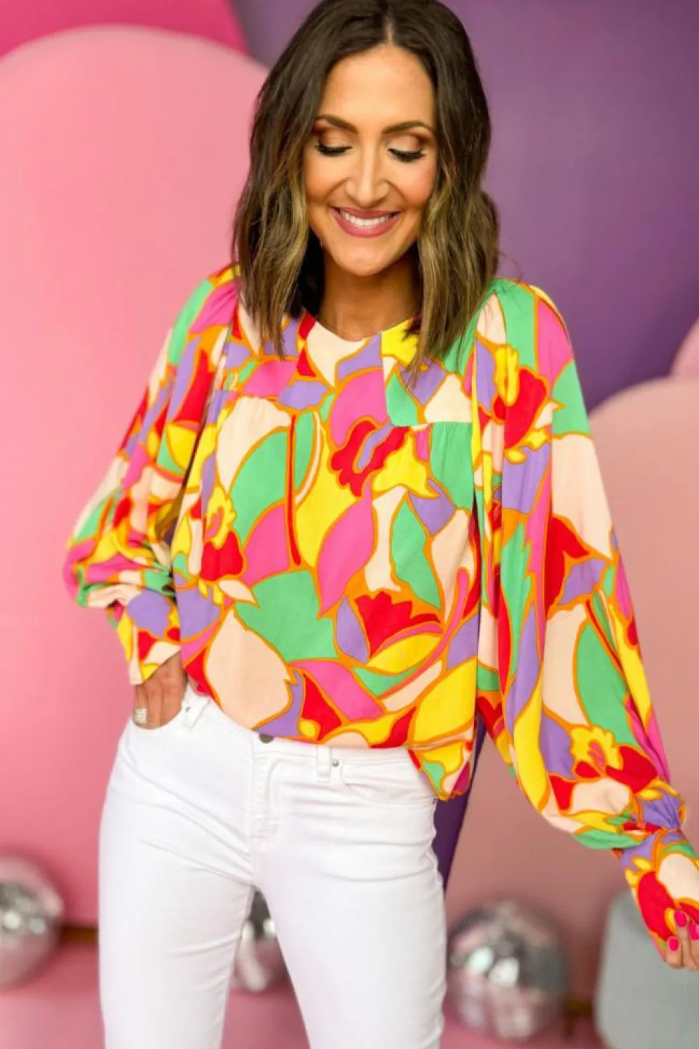 Hot Dear-Lover Abstract Print Puff Sleeve Blouse Yellow