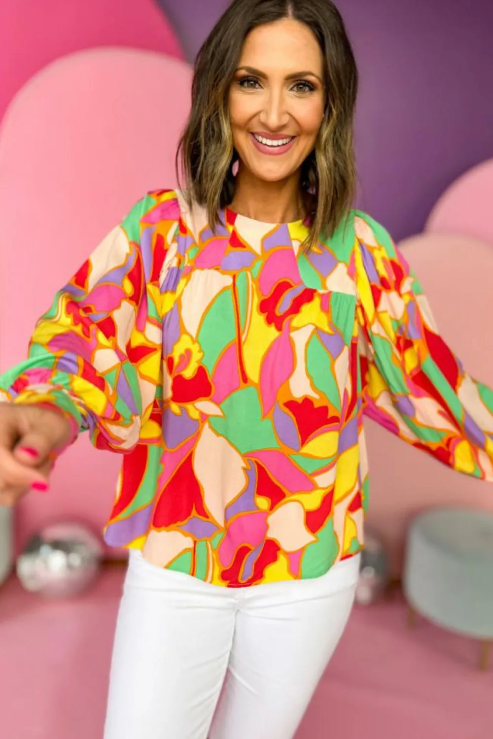 Hot Dear-Lover Abstract Print Puff Sleeve Blouse Yellow