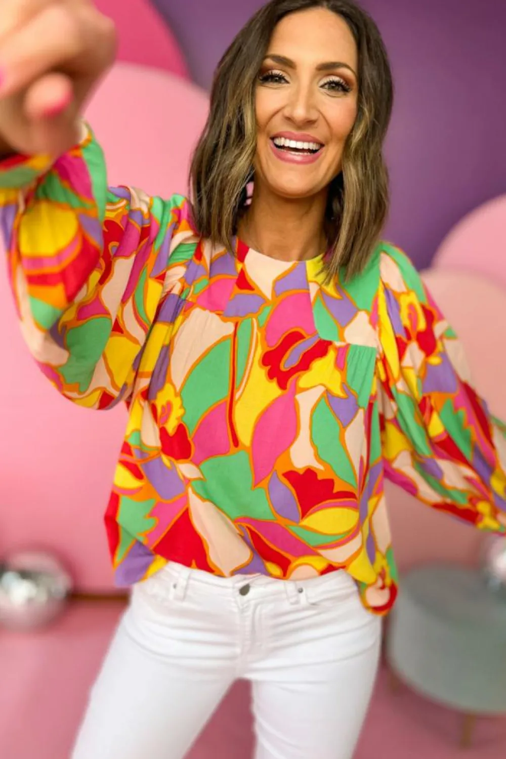 Hot Dear-Lover Abstract Print Puff Sleeve Blouse Yellow