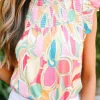 Best Dear-Lover Abstract Print Smocked Collar Ruffled Sleeve Blouse Yellow