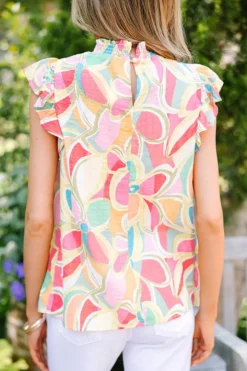 Best Dear-Lover Abstract Print Smocked Collar Ruffled Sleeve Blouse Yellow