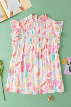 Best Dear-Lover Abstract Print Smocked Collar Ruffled Sleeve Blouse Yellow
