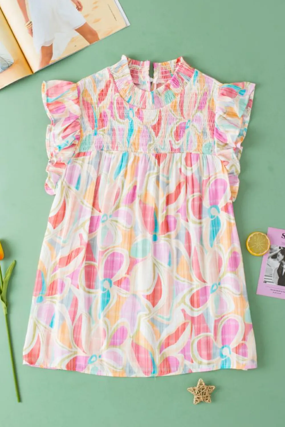 Best Dear-Lover Abstract Print Smocked Collar Ruffled Sleeve Blouse Yellow
