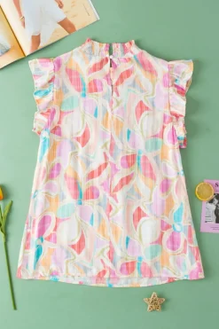 Best Dear-Lover Abstract Print Smocked Collar Ruffled Sleeve Blouse Yellow