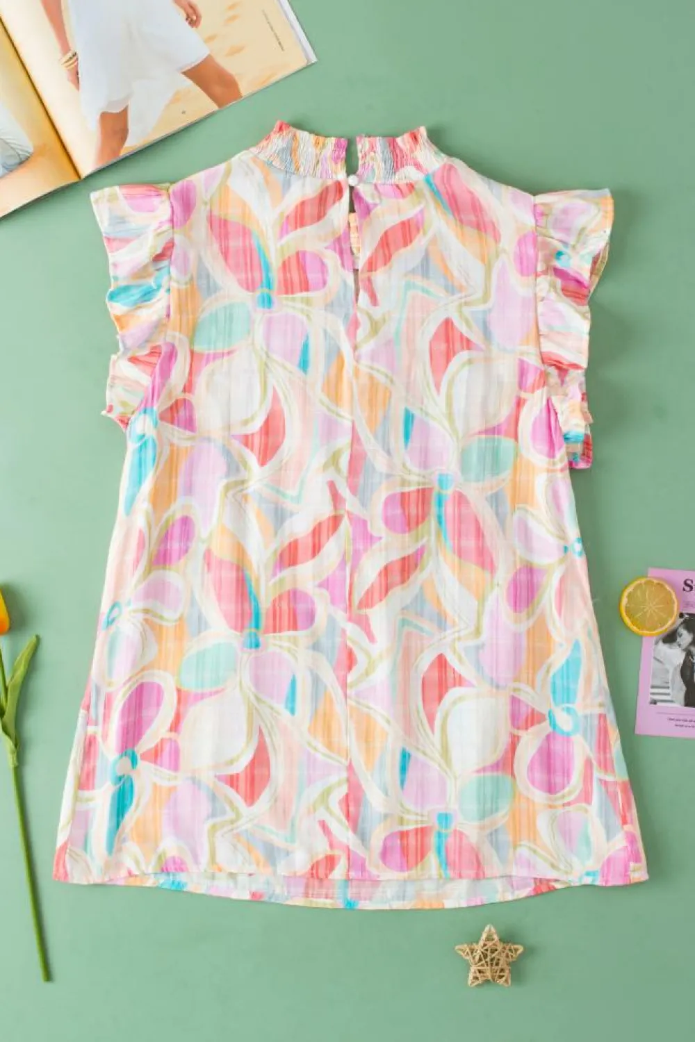 Best Dear-Lover Abstract Print Smocked Collar Ruffled Sleeve Blouse Yellow