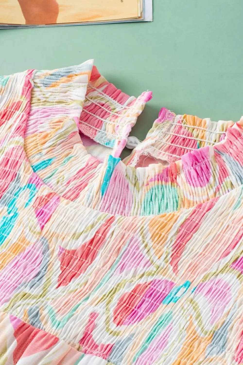 Best Dear-Lover Abstract Print Smocked Collar Ruffled Sleeve Blouse Yellow