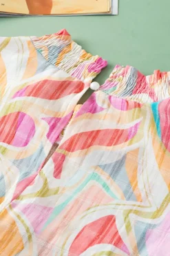 Best Dear-Lover Abstract Print Smocked Collar Ruffled Sleeve Blouse Yellow