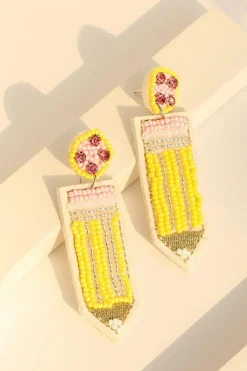 New Dear-Lover Beaded Pencil Teacher Earrings Yellow