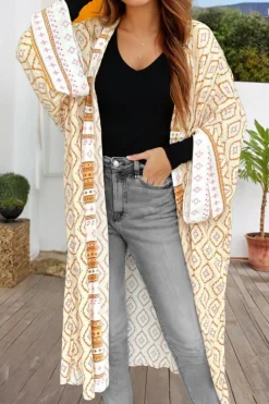 Discount Dear-Lover Bohemian Geometric Printed Loose Sleeve Long Kimono Yellow