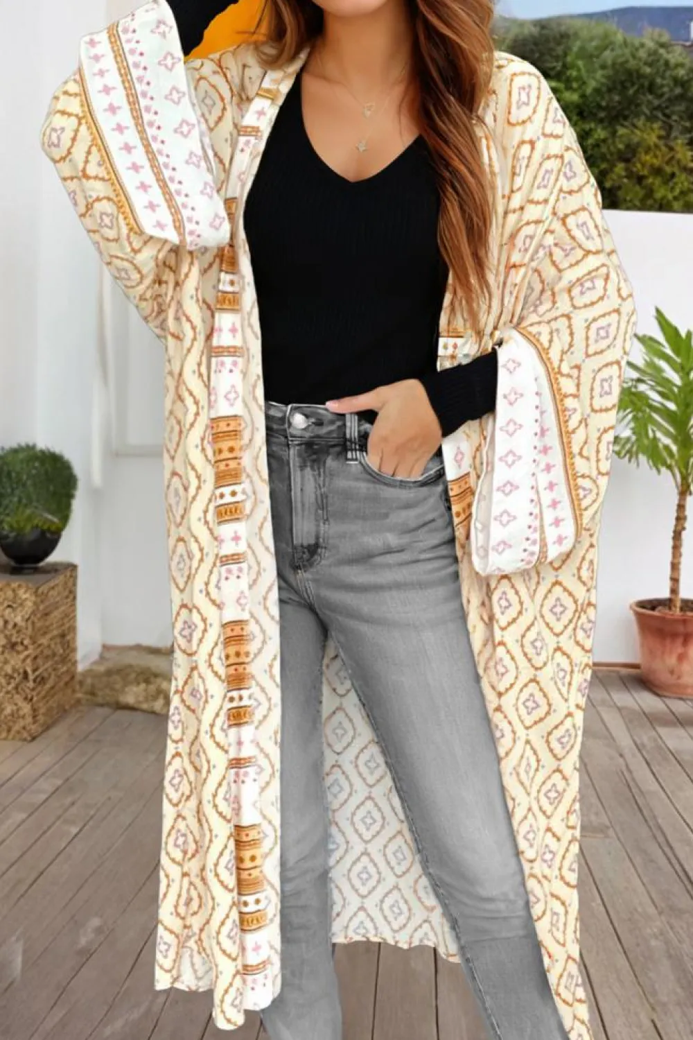 Discount Dear-Lover Bohemian Geometric Printed Loose Sleeve Long Kimono Yellow