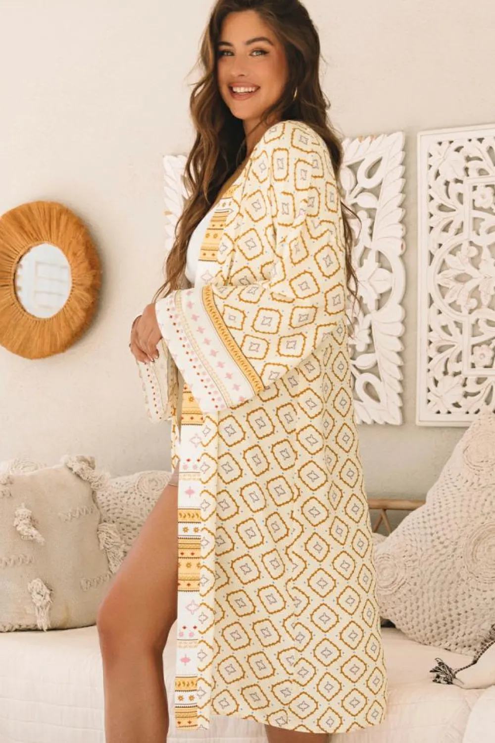 Discount Dear-Lover Bohemian Geometric Printed Loose Sleeve Long Kimono Yellow