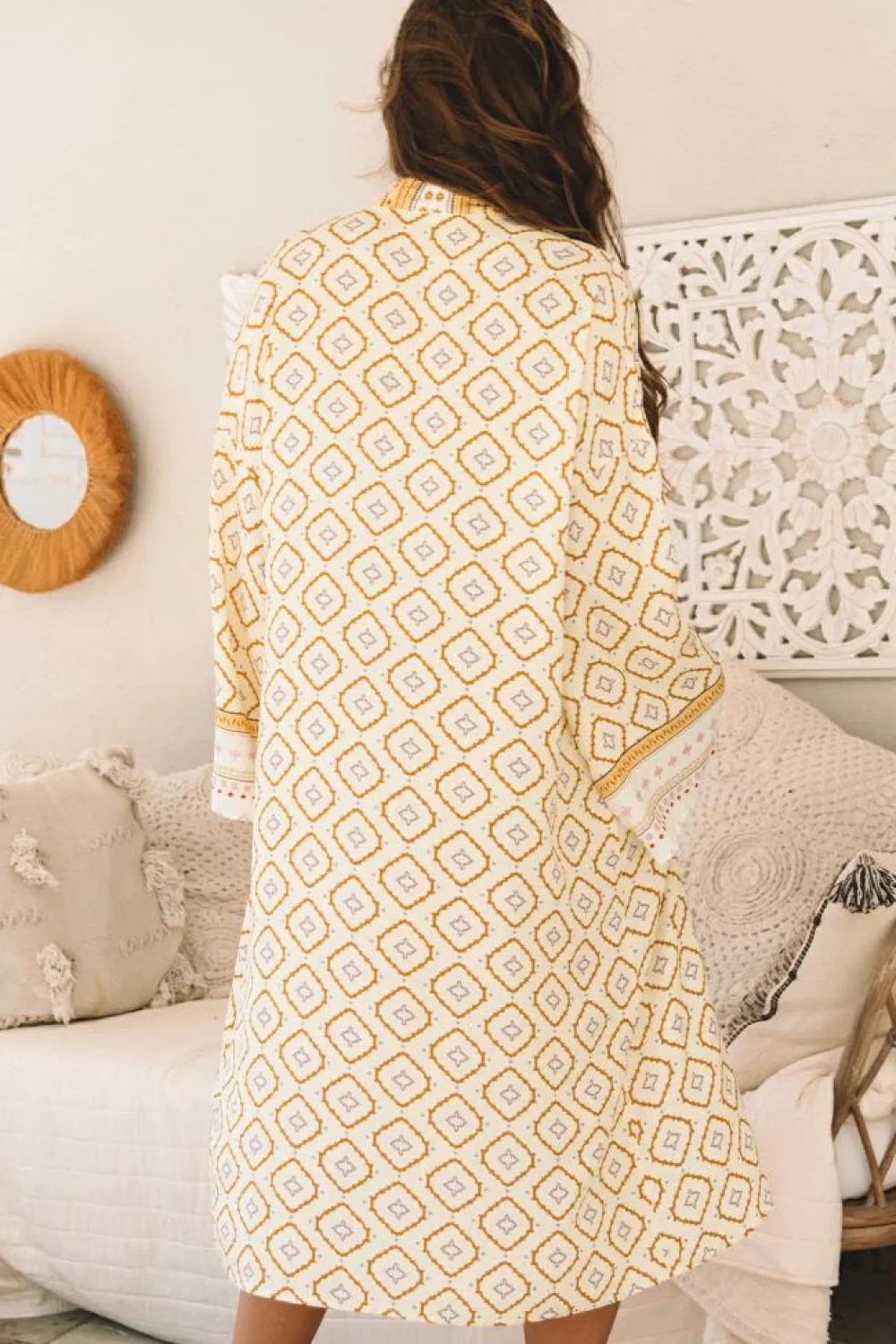 Discount Dear-Lover Bohemian Geometric Printed Loose Sleeve Long Kimono Yellow