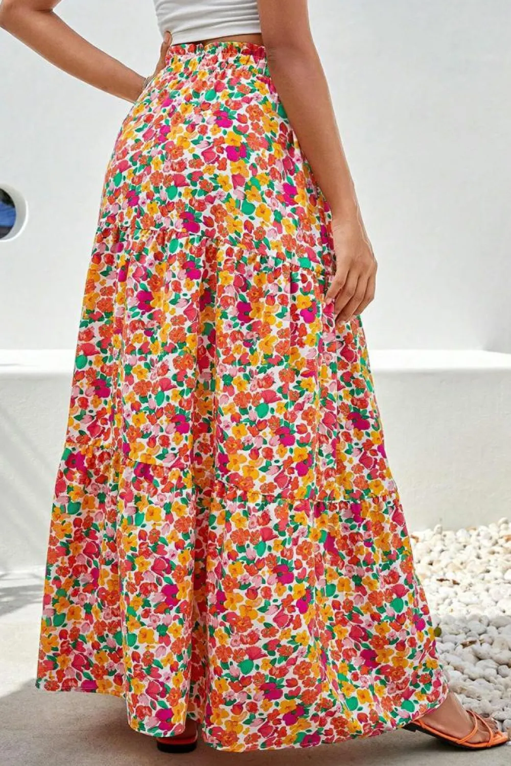 Clearance Dear-Lover Boho Floral Print Tiered Long Skirt Yellow