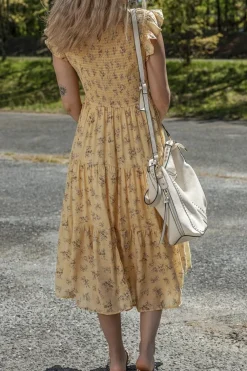 Sale Dear-Lover Boho Floral Print Ruffle Smocked Flowy Summer Dress Yellow
