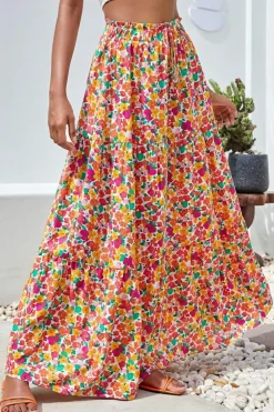 Clearance Dear-Lover Boho Floral Print Tiered Long Skirt Yellow