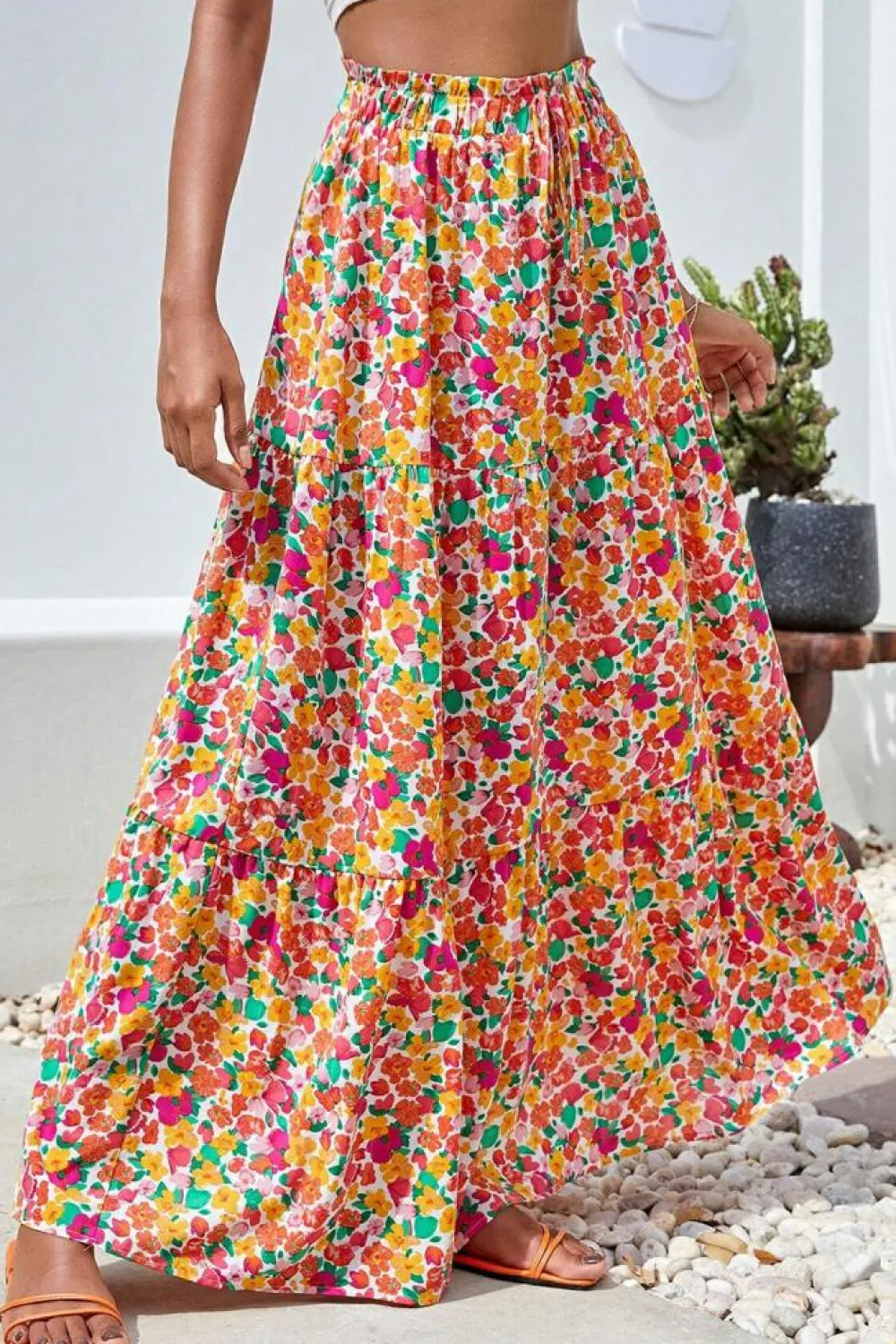 Clearance Dear-Lover Boho Floral Print Tiered Long Skirt Yellow