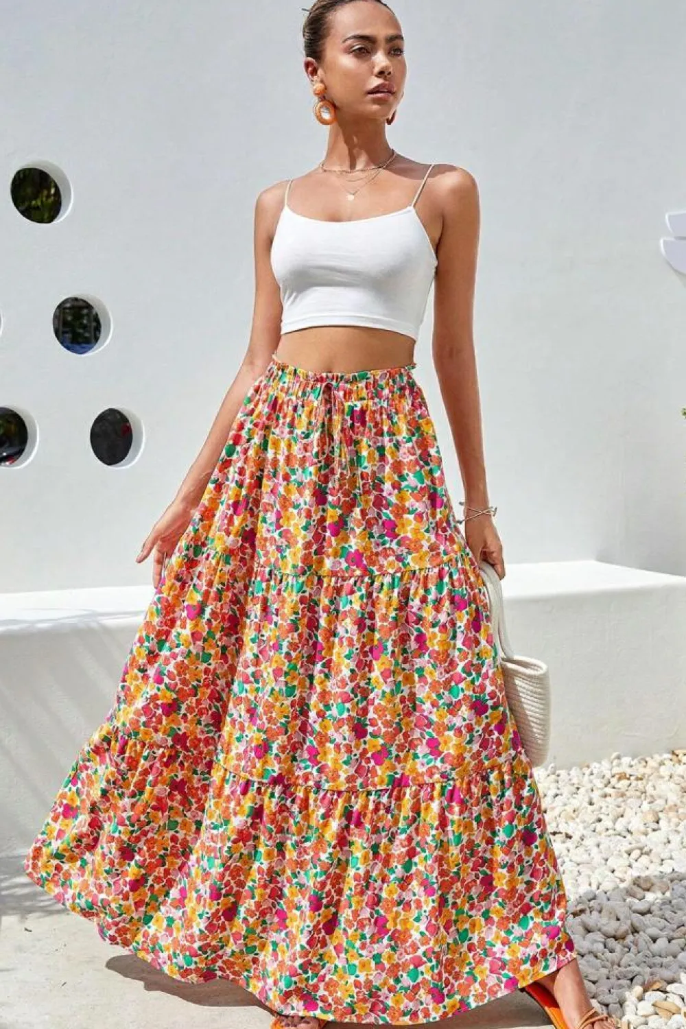 Clearance Dear-Lover Boho Floral Print Tiered Long Skirt Yellow
