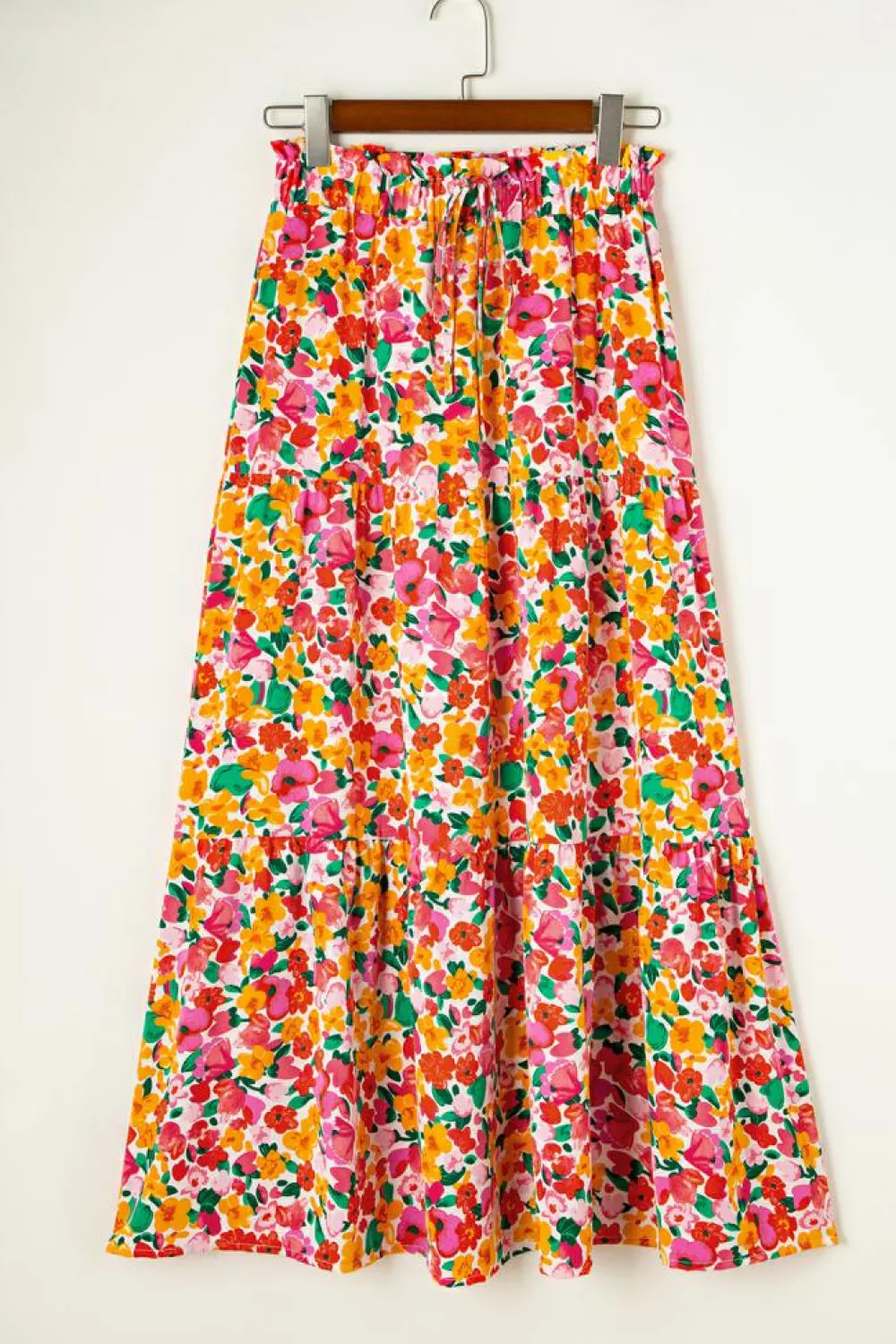 Clearance Dear-Lover Boho Floral Print Tiered Long Skirt Yellow