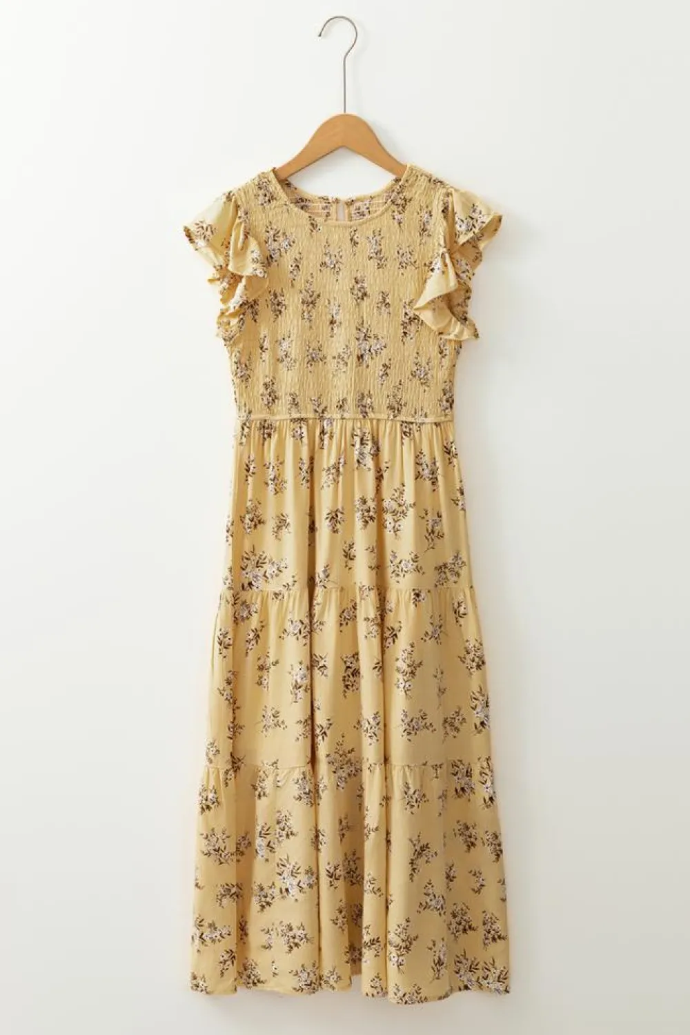 Sale Dear-Lover Boho Floral Print Ruffle Smocked Flowy Summer Dress Yellow