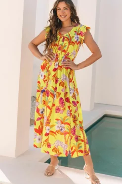 New Dear-Lover Cheetah Plant Print Shirred Button V Neck Maxi Dress Yellow