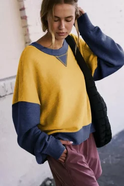 Fashion Dear-Lover Color Block Thumbhole Sleeve Drop Shoulder Sweatshirt Yellow