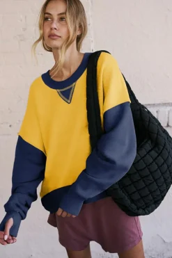 Fashion Dear-Lover Color Block Thumbhole Sleeve Drop Shoulder Sweatshirt Yellow