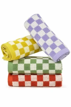 Sale Dear-Lover Checkered Print Soft Large Bath Towel Yellow Cream