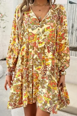 Online Dear-Lover Floral Print V Neck Puff Sleeve Mini Dress Yellow Cream