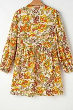 Online Dear-Lover Floral Print V Neck Puff Sleeve Mini Dress Yellow Cream