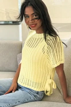 Online Dear-Lover Hollow-out Crochet Side Tied Short Sleeve Sweater Yellow Cream