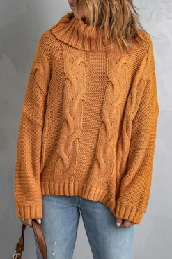 Sale Dear-Lover Cuddle Weather Cable Knit Handmade Turtleneck Sweater Yellow