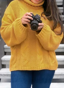 Sale Dear-Lover Cuddle Weather Cable Knit Handmade Turtleneck Sweater Yellow