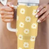 Fashion Dear-Lover Daisy Print Handle Stainless Steel Portable Cup 40oz Yellow