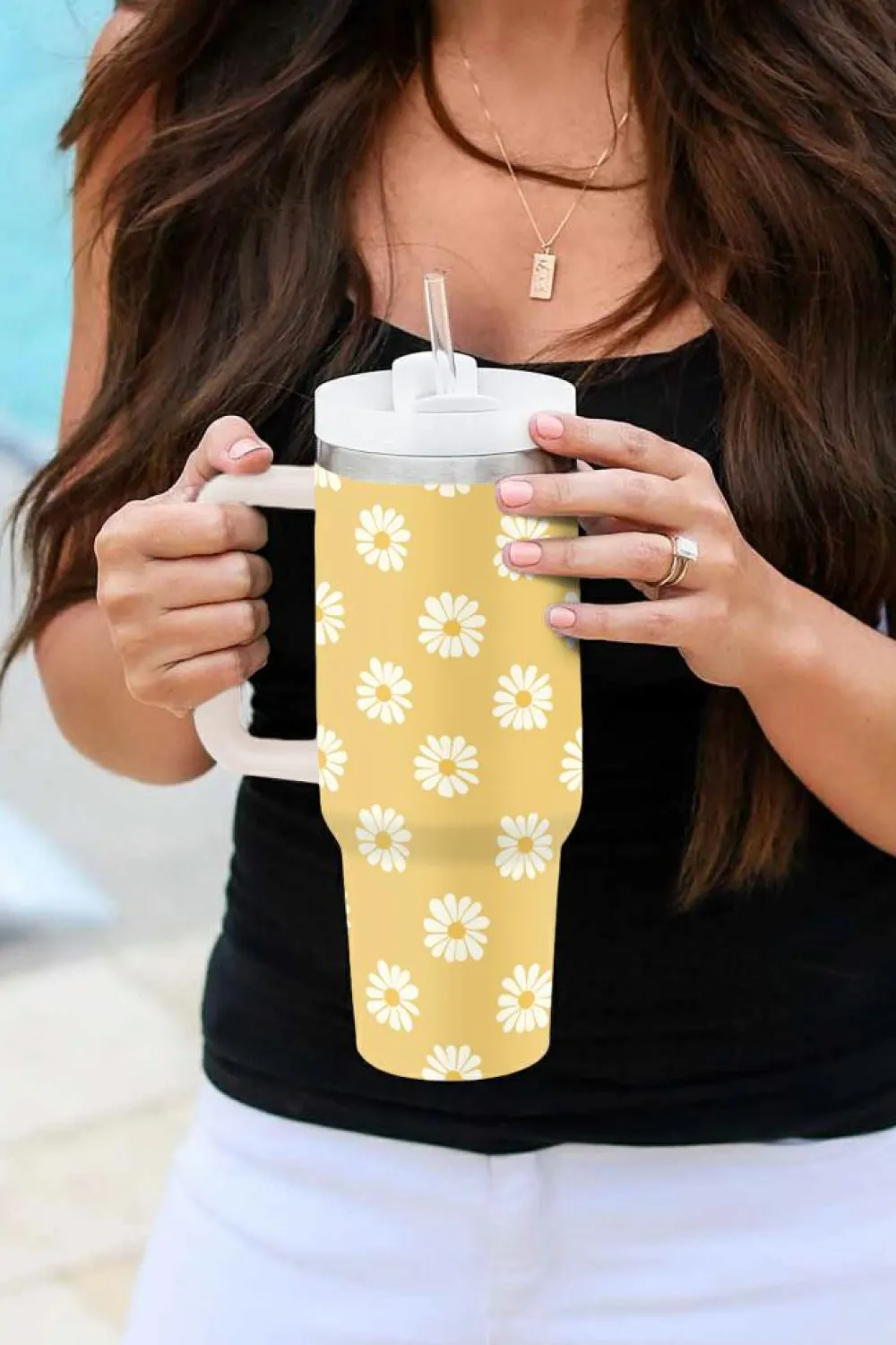 Fashion Dear-Lover Daisy Print Handle Stainless Steel Portable Cup 40oz Yellow