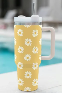 Fashion Dear-Lover Daisy Print Handle Stainless Steel Portable Cup 40oz Yellow