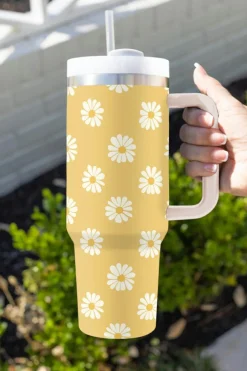 Fashion Dear-Lover Daisy Print Handle Stainless Steel Portable Cup 40oz Yellow