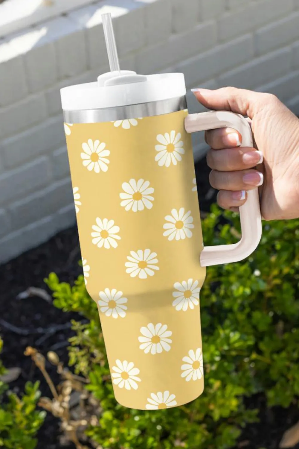 Fashion Dear-Lover Daisy Print Handle Stainless Steel Portable Cup 40oz Yellow