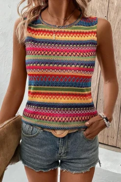 New Dear-Lover Ethnic Wavy Pattern Round Neck Sleeveless Top Yellow