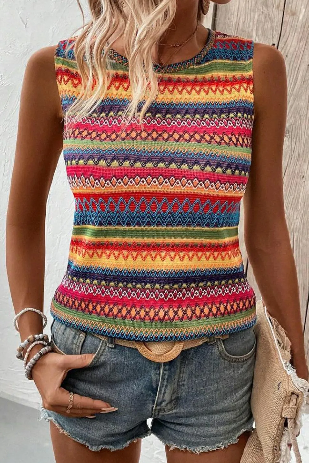 New Dear-Lover Ethnic Wavy Pattern Round Neck Sleeveless Top Yellow