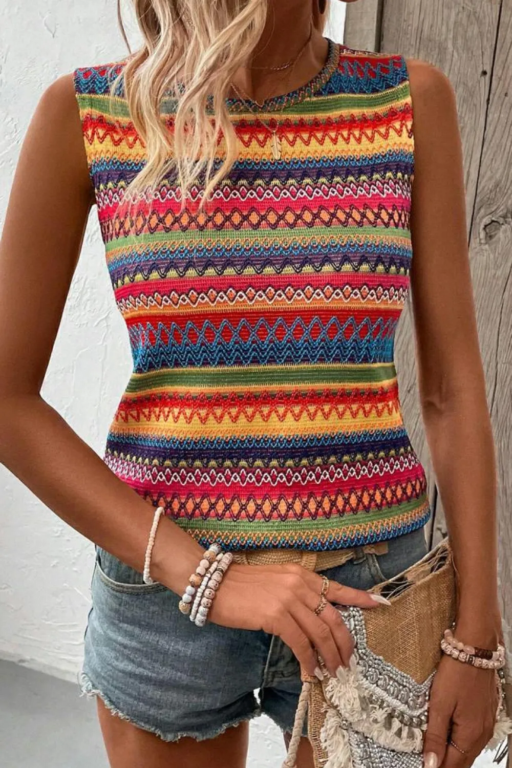 New Dear-Lover Ethnic Wavy Pattern Round Neck Sleeveless Top Yellow